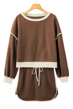 Load image into Gallery viewer, Coffee Color Contrast Loose Pullover and Lace-up Waist Skort Set