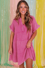 Load image into Gallery viewer, Strawberry Pink Mineral Wash Crinkle Split Neck Raw Hem Tiered Dress