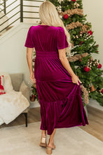 Load image into Gallery viewer, Red Dahlia Velvet Short Sleeve Shirred Waist Tiered Maxi Dress