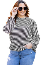 Load image into Gallery viewer, Black Stripe Drop Shoulder Puff Long Sleeve O Neck Plus Size T Shirt