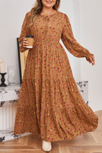Load image into Gallery viewer, Brown Plus Size Floral Split V Neck Ruffled Sleeve Tiered Maxi Dress