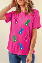 Cargar imagen en el visor de la galería, Rose Red Easter Rabbit Chenille Patched Pattern Crew Neck Tee