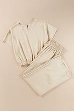 Load image into Gallery viewer, Beige Crinkled Elastic Hem Crop Tee and Wide Leg Pants Set