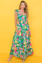 Load image into Gallery viewer, Green Floral Print Sleeveless Ruffle Tiered Maxi Dress