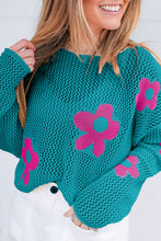 Load image into Gallery viewer, Sea Green Big Flower Hollowed Knit Drop Shoulder Sweater