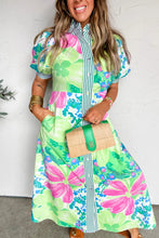 Load image into Gallery viewer, Green Stripe Floral Print Striped Trim Button Down Short Sleeve Vacation Dress