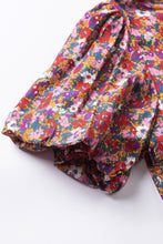 Cargar imagen en el visor de la galería, Purple Floral Print Knotted High Neck Puff Sleeve Blouse