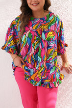 Cargar imagen en el visor de la galería, Rose Abstract Print Plus Size Frilly Trim Blouse