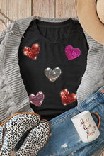 Load image into Gallery viewer, Black Sequin Heart Patched Pattern Crewneck Valentines Tee