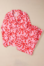 Load image into Gallery viewer, Pink 2pcs Bow Print Shirt Style Long Sleeve Pajama Set
