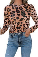Load image into Gallery viewer, Brown Leopard Round Neck Long Sleeve Slim Top