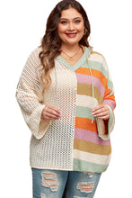 Load image into Gallery viewer, Beige Pointelle Knit Colorblock Patchwork V Neck Hooded Plus Sweater