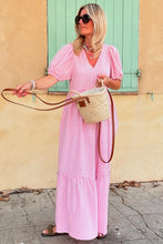 Load image into Gallery viewer, Pink Stripe V Neck Puff Short Sleeve Maxi Dress