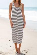 Load image into Gallery viewer, White Striped Print Sleeveless Buttoned Maxi Dress