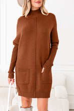 Load image into Gallery viewer, Chestnut Ribbed High Neck Front Pockets Center Seam Shift Sweater Dress