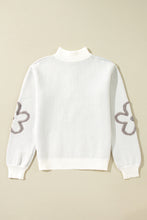 Load image into Gallery viewer, White Contrast Flower Half Zipper Stand Neck Sweater