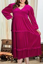 Load image into Gallery viewer, Rose Red Shirred V Neck Tiered Ruffled Velvet Plus Size Maxi Dress