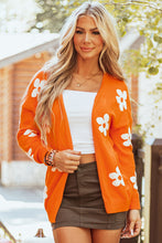 Cargar imagen en el visor de la galería, Orange Floral Print Knitted Open Front Loose Cardigan