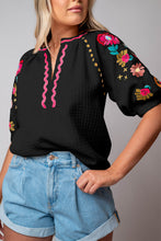 Load image into Gallery viewer, Black Floral Embroidered Ricrac Puff Sleeve Textured Blouse