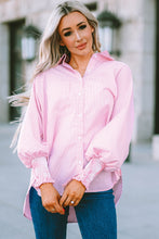 Cargar imagen en el visor de la galería, Pink Smocked Cuffed Striped Boyfriend Shirt with Pocket
