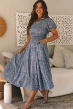Load image into Gallery viewer, Blue Printed V Neck Shirred Short Puff Sleeve Maxi Dress