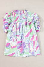 Load image into Gallery viewer, Green Abstract Print Bubble Sleeve Smock Detail Blouse