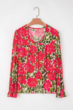 Cargar imagen en el visor de la galería, Red Floral Print Lace up V Neck Flounce Sleeve Blouse