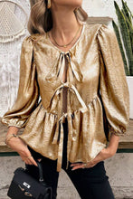 Load image into Gallery viewer, Gold Bow Tie Front Puff 3/4 Sleeve Ruffle Hem Blouse