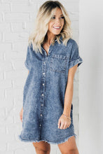 Load image into Gallery viewer, Blue Mineral Wash Cuffed Sleeve Frayed Hem Denim Dress