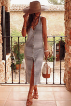 Load image into Gallery viewer, White Striped Print Sleeveless Buttoned Maxi Dress