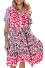 Cargar imagen en el visor de la galería, Pink Bohemian Print Tie Neck Ruffle Hem Short Dress