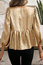 Load image into Gallery viewer, Gold Bow Tie Front Puff 3/4 Sleeve Ruffle Hem Blouse