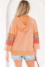 Load image into Gallery viewer, Grapefruit Orange Plaid Floral Patchwork Kangaroo Pocket Hooded Long Sleeve Top