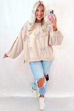 Load image into Gallery viewer, Parchment Embroidered Bow Lantern Sleeve Oversized Pullover Sweatshirt