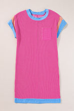 Load image into Gallery viewer, Rose Red Textured Colorblock Edge Patched Pocket T Shirt Dress