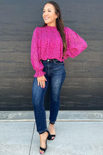 Load image into Gallery viewer, Hot Pink Leopard Shirred Puff Sleeve Flowy Blouse