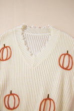 Load image into Gallery viewer, Beige Cable Knit Pumpkin Raw Hem V Neck Loose Sweater