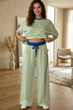 Cargar imagen en el visor de la galería, Pink Stripe Colorblock Trim Crew Neck Loose Tee Drawstring Elastic Waist 2pcs Pant Set