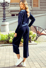 Load image into Gallery viewer, Navy Blue Solid Velvet Ruffled Two Piece Pants Set