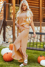 Load image into Gallery viewer, Yellow Stripe Rainbow Tee Tasseled String Wide Leg Pants Set