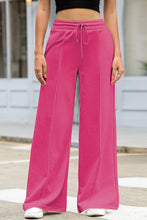 Cargar imagen en el visor de la galería, Rose Red Terry Knit Drawstring Smocked Waist Wide Leg Sweatpants