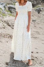 Load image into Gallery viewer, White Frilly Shirred Bodice Tiered Floral Maxi Dress