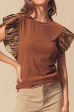Load image into Gallery viewer, Cinnamon Leather Ruffle Sleeve Patchwork Round Neck Blouse