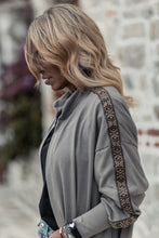 Cargar imagen en el visor de la galería, Medium Grey Aztec Accent Side Slit Open Front Long Cardigan