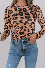 Load image into Gallery viewer, Brown Leopard Round Neck Long Sleeve Slim Top