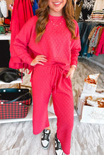 Cargar imagen en el visor de la galería, Strawberry Pink Checkered Textured Split Pullover Top and Pants Set