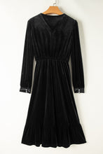 Load image into Gallery viewer, Black Velvet Buttoned Puff Sleeve V Neck Split Midi Dress