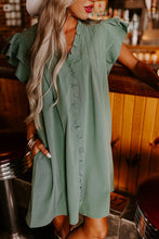 Load image into Gallery viewer, Mist Green Ruffle Sleeve V Neck Frilled Shift Dress