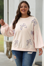 Load image into Gallery viewer, Parchment Embroidered Bow Lantern Sleeve Oversized Pullover Sweatshirt