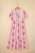 Cargar imagen en el visor de la galería, Pink Notched Neck Flutter Short Sleeve Floral Print Maxi Dress